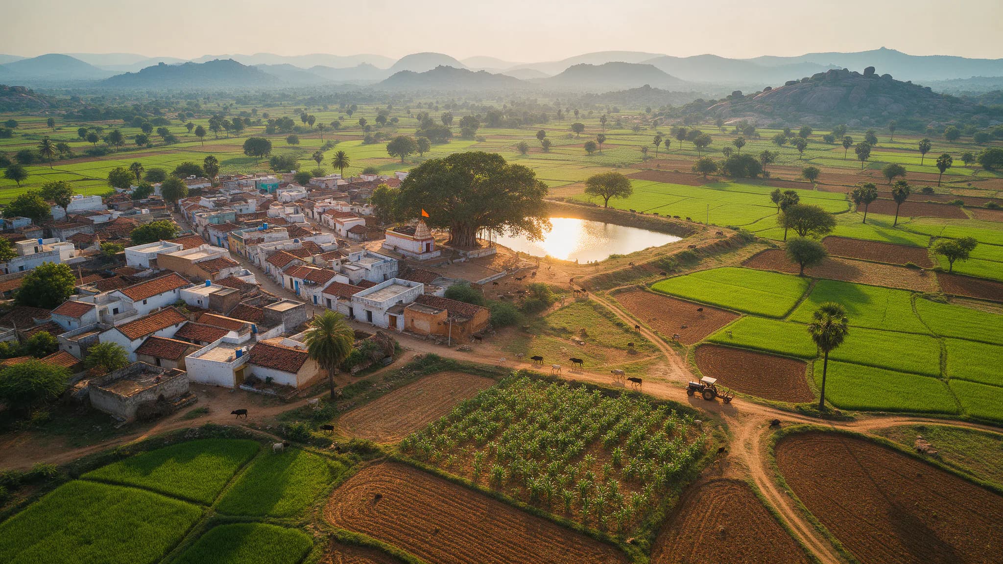 Aerial view of a village with tiled roofs, a tank and green fields at golden hour