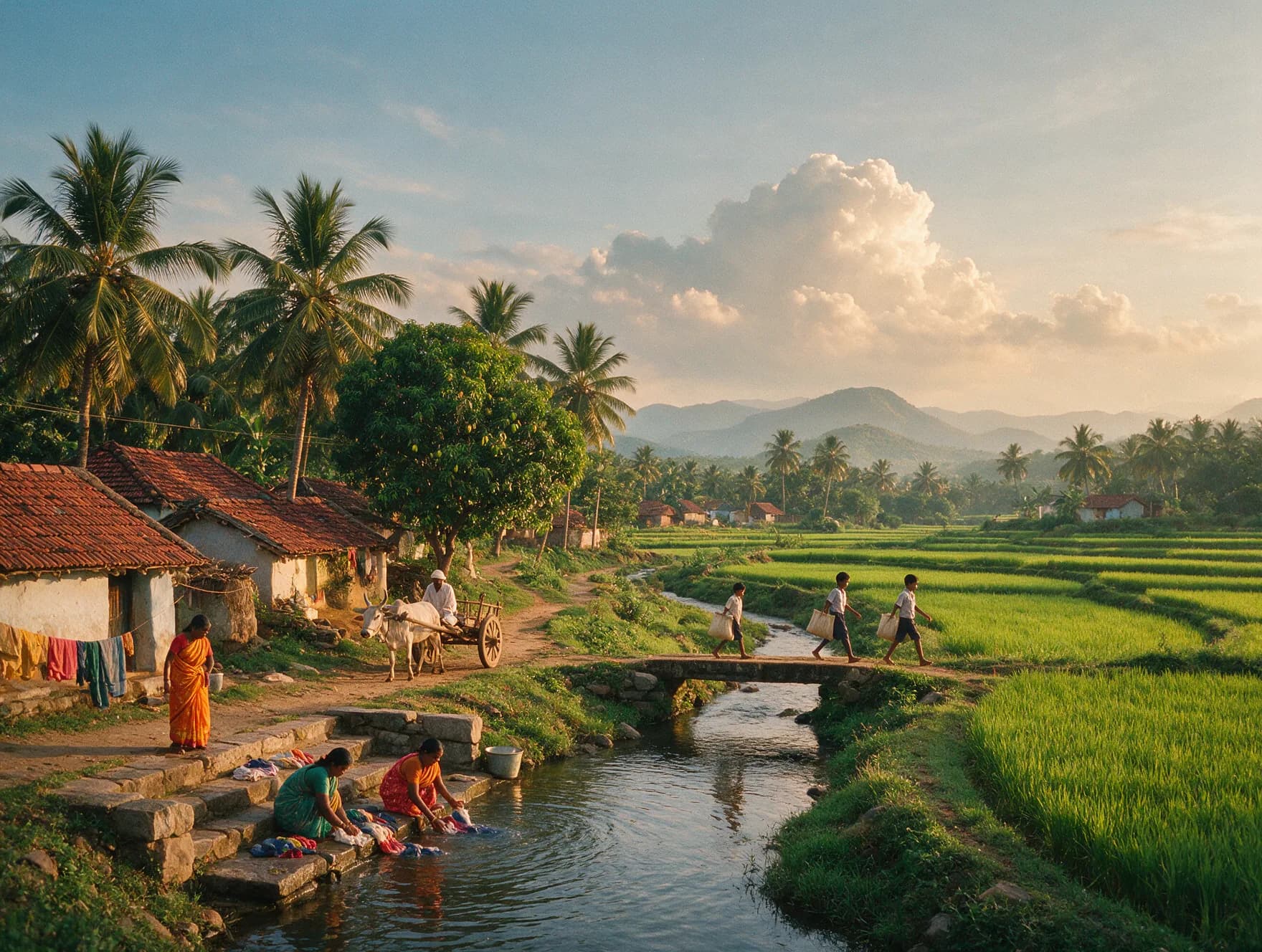 Thriving green village with a stream, red-tiled homes and distant hills