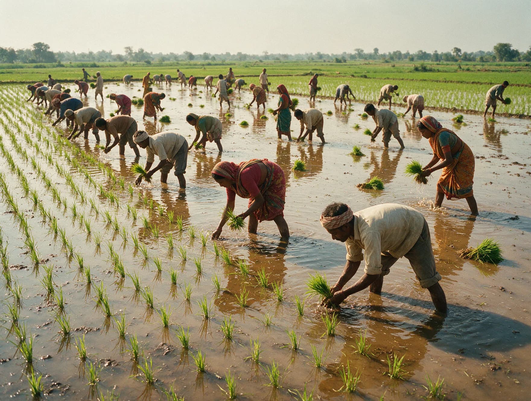 Villagers planting rice seedlings by hand in a flooded field