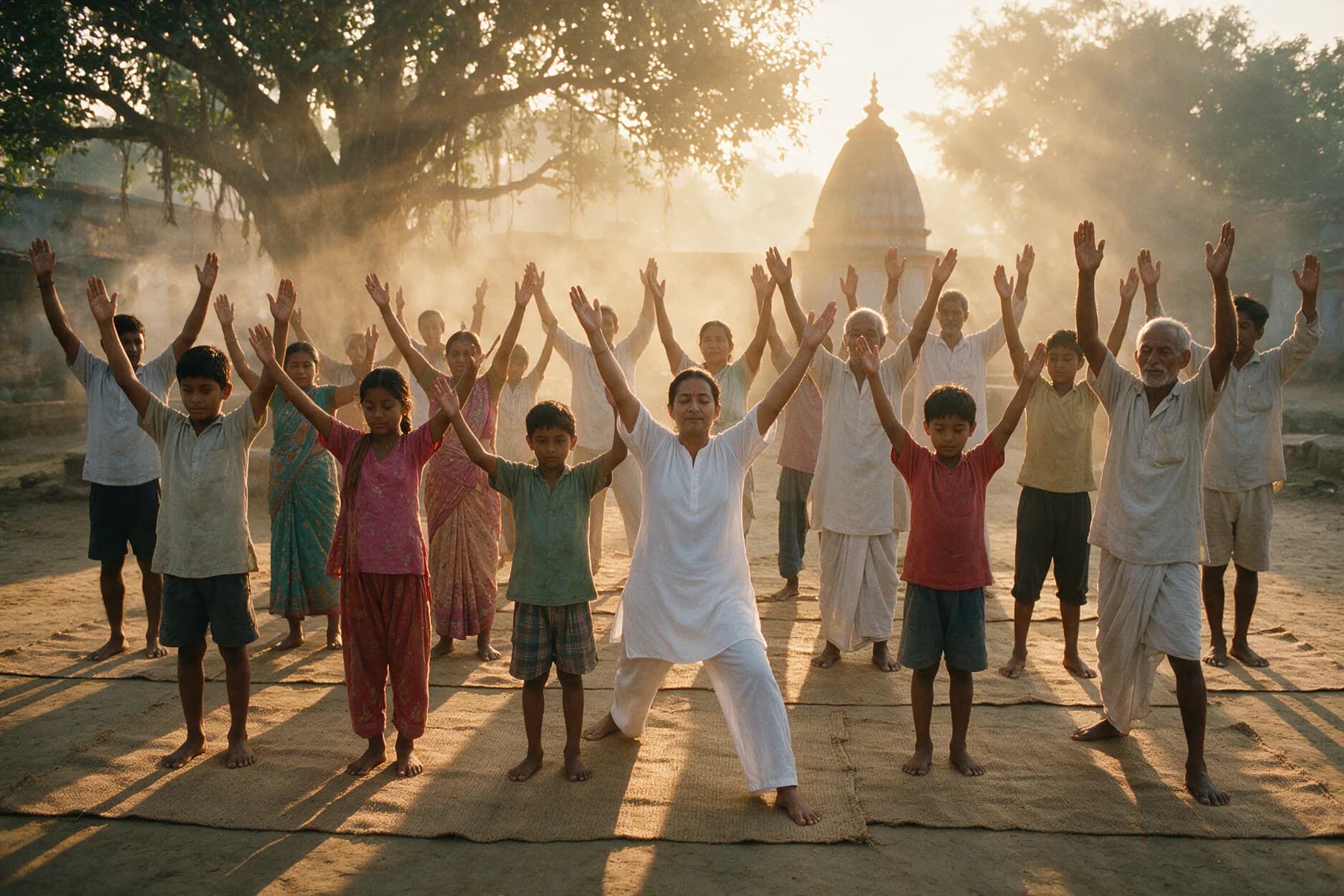 Villagers of all ages doing yoga with raised arms at sunrise on the village common ground