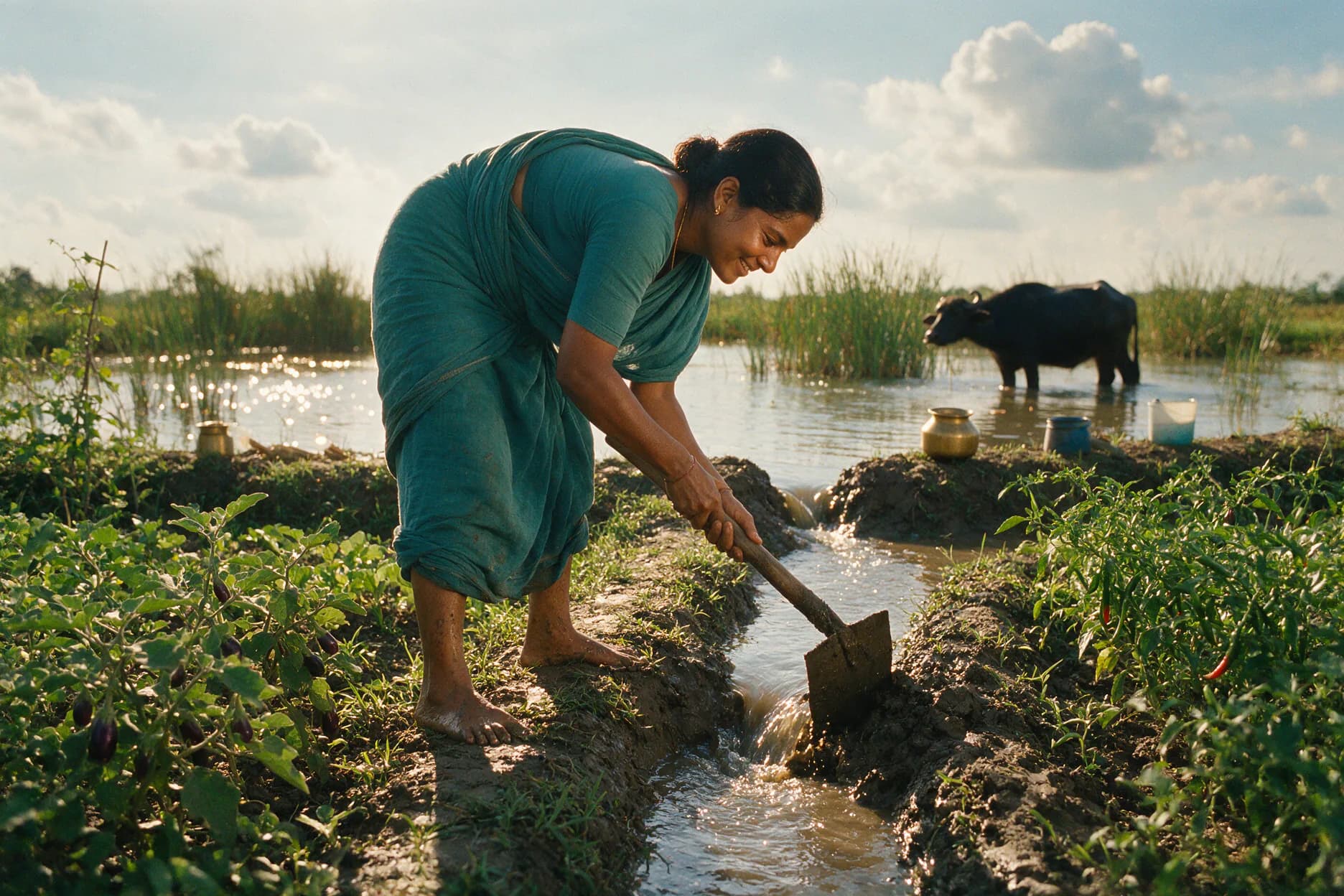 A woman opening a hand-dug channel to carry pond water into her vegetable rows